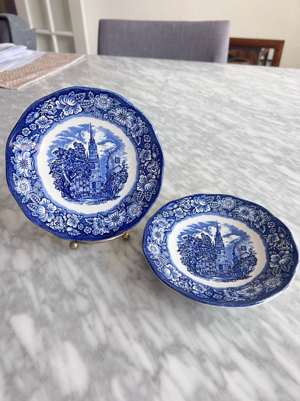 Vintage English Blue and White Floral Border Saucers (Set of 2)
